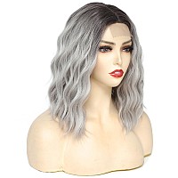 Rose Bud Wavy Bob Wig Natural Wig Ombre Grey Synthetic Hair Shoulder Length Short Curly Middle Part Lace Front Wigs For Women