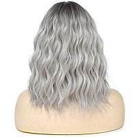 Rose Bud Wavy Bob Wig Natural Wig Ombre Grey Synthetic Hair Shoulder Length Short Curly Middle Part Lace Front Wigs For Women