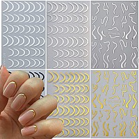 6 Sheets French Nail Art Stickers Decal 3D Gold Curve Line Nail Decals Metal Ushaped Lines Stripe Nail Art Sliders Exquisite Wa