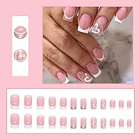 24 Pcs Press On Nails Sunjasmine Fake Nails With Designs Acrylic Nails False Nails With Nail Glue For Women Medium Pink Frenc