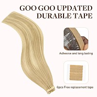 Goo Goo Tape In Hair Extensions Human Hair 18At60A Pearl Ash Blonde Highlights 14Inch 50G 20Pcs Thick Ends Straight Seamless