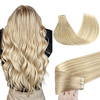 Goo Goo Tape In Hair Extensions Human Hair 18Et90A Natural Blonde Balayage 14Inch 50G 20Pcs Thick Ends Straight Seamless Tape