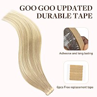 Goo Goo Tape In Hair Extensions Human Hair 18Et90A Natural Blonde Balayage 14Inch 50G 20Pcs Thick Ends Straight Seamless Tape