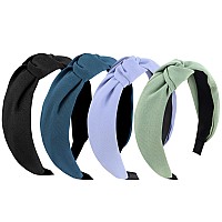 Yission 4Pcs Knotted Headbands For Girls Nonslip Wide Top Knot Hair Accessories In Green Blue And Black