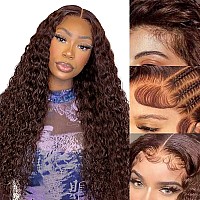 Faba Chocolate Brown Curly Human Hair 32 Inch 13X4 Brown Deep Wave Lace Front Human Hair Wig 180 Density Brown Water Wave Wig P