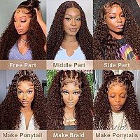 Faba Chocolate Brown Curly Human Hair 32 Inch 13X4 Brown Deep Wave Lace Front Human Hair Wig 180 Density Brown Water Wave Wig P