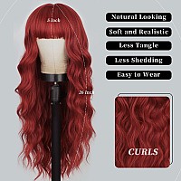 Lativ Red Wig With Bangs Long Red Wigs For Women 26 Inches Curly Wavy Hair Natural Looking Heat Resistant Fiber Wig For Girls Ha