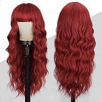 Lativ Red Wig With Bangs Long Red Wigs For Women 26 Inches Curly Wavy Hair Natural Looking Heat Resistant Fiber Wig For Girls Ha