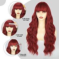 Lativ Red Wig With Bangs Long Red Wigs For Women 26 Inches Curly Wavy Hair Natural Looking Heat Resistant Fiber Wig For Girls Ha