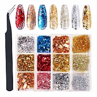 Gzmayuen 2 Boxes Holographic Nail Art Foil Flakes Metallic Nail Art Glitter Flakes 3D Nail Art Design Gold Silver Laser Thin A