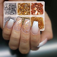 Gzmayuen 2 Boxes Holographic Nail Art Foil Flakes Metallic Nail Art Glitter Flakes 3D Nail Art Design Gold Silver Laser Thin A