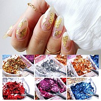 Gzmayuen 2 Boxes Holographic Nail Art Foil Flakes Metallic Nail Art Glitter Flakes 3D Nail Art Design Gold Silver Laser Thin A