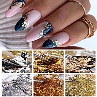 Gzmayuen 2 Boxes Holographic Nail Art Foil Flakes Metallic Nail Art Glitter Flakes 3D Nail Art Design Gold Silver Laser Thin A