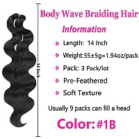 Cookoo 3 Packs Body Wave Braiding Hair 14 Inch Natural Black Prefeathered Bouncy Wavy Braiding Hair French Curls Braids Synthet