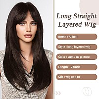 Allbell Black Brown Wigs With Bangs Long Layered Wigs For Women Heat Resistant Syntehtic Natural Hair Wigs