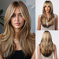 Allbell Long Straight Wigs For Women Ombre Brown Blonde Hair Wig With Bangs Highlights Hair Heat Resistant Synthetic Wig