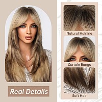 Allbell Long Straight Wigs For Women Ombre Brown Blonde Hair Wig With Bangs Highlights Hair Heat Resistant Synthetic Wig