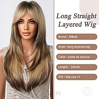 Allbell Long Straight Wigs For Women Ombre Brown Blonde Hair Wig With Bangs Highlights Hair Heat Resistant Synthetic Wig