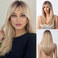 Allbell Blonde Wig For Women Long Straight Layered Wig With Bangs Ombre Blonde Synthetic Hair With Highlight