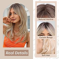 Allbell Blonde Wig For Women Long Straight Layered Wig With Bangs Ombre Blonde Synthetic Hair With Highlight