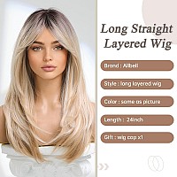 Allbell Blonde Wig For Women Long Straight Layered Wig With Bangs Ombre Blonde Synthetic Hair With Highlight