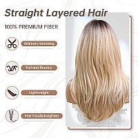 Allbell Blonde Wig For Women Long Straight Layered Wig With Bangs Ombre Blonde Synthetic Hair With Highlight