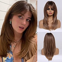 Allbell Ombre Brown Wig For Women Long Straight Wig With Bangs Natural Heat Resistant Synthetic Hair Wig With Layers For Daily P