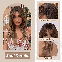 Allbell Ombre Brown Wig For Women Long Straight Wig With Bangs Natural Heat Resistant Synthetic Hair Wig With Layers For Daily P