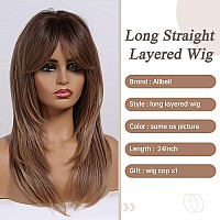 Allbell Ombre Brown Wig For Women Long Straight Wig With Bangs Natural Heat Resistant Synthetic Hair Wig With Layers For Daily P