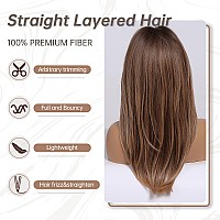 Allbell Ombre Brown Wig For Women Long Straight Wig With Bangs Natural Heat Resistant Synthetic Hair Wig With Layers For Daily P