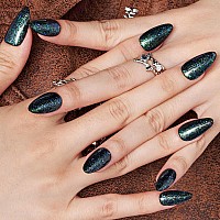 Glamermaid Dark Green Press On Nails Short Almond Mermaid Glitter Oval Short Fake Nails Galaxy Handmade Glossy Soft Nail Gel G