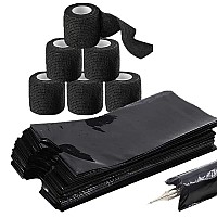 Yuelong Machine Pen Covers With Grip Tapes Set 200Pcs Plastic Pen Covers And 6Pcs Grip Wrap Kit Black Machine Sleeves Bags Banda