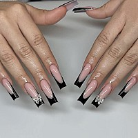 Black French Tip Press On Nails Long Metal Butterfly Glue On Nails Extra Long Square Fake Nails Glossy Full Cover Artificial Fal