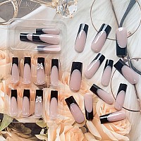 Black French Tip Press On Nails Long Metal Butterfly Glue On Nails Extra Long Square Fake Nails Glossy Full Cover Artificial Fal