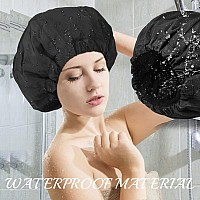 Shower Cap For Women Black Bath Cap Reversible Large Waterproof Adjustable Shower Caps Terry Lining Elastic Band Stretch Hem