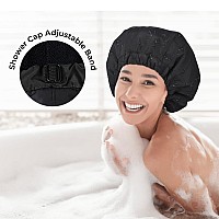 Shower Cap For Women Black Bath Cap Reversible Large Waterproof Adjustable Shower Caps Terry Lining Elastic Band Stretch Hem