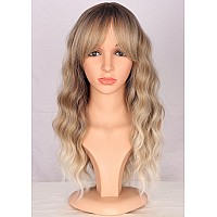 Symeiw Ombre Dirty Blonde Wavy Wigs With Bangs For Women Medium Long Ash Blonde Wigs Synthetic Blonde Hair Replacement Wigs Dail