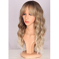 Symeiw Ombre Dirty Blonde Wavy Wigs With Bangs For Women Medium Long Ash Blonde Wigs Synthetic Blonde Hair Replacement Wigs Dail