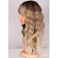 Symeiw Ombre Dirty Blonde Wavy Wigs With Bangs For Women Medium Long Ash Blonde Wigs Synthetic Blonde Hair Replacement Wigs Dail