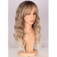 Symeiw Ombre Dirty Blonde Wavy Wigs With Bangs For Women Medium Long Ash Blonde Wigs Synthetic Blonde Hair Replacement Wigs Dail