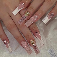 Imsohot Long Press On Nails Square Fake Nails White French Tips False Nails With Pink Rhinestone Designs Nude Glossy Acrylic Nai