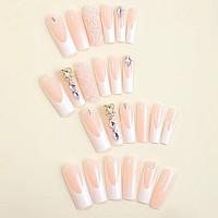 Imsohot Long Press On Nails Square Fake Nails White French Tips False Nails With Pink Rhinestone Designs Nude Glossy Acrylic Nai