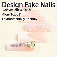 Imsohot Long Press On Nails Square Fake Nails White French Tips False Nails With Pink Rhinestone Designs Nude Glossy Acrylic Nai