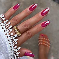 Imsohot Medium Press On Nails Oval Rose Red Fake Nails Aurora Glue On Nails Glossy Round Acrylic False Nails Full Cover With Chr