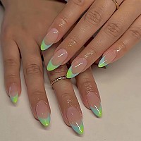 Imsohot Almond Press On Nails Medium Green Gradient French Tips Fake Nails With Designs Nude Glossy Full Cover Acrylic False Nai