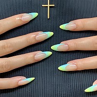 Imsohot Almond Press On Nails Medium Green Gradient French Tips Fake Nails With Designs Nude Glossy Full Cover Acrylic False Nai