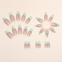 Imsohot Almond Press On Nails Medium Green Gradient French Tips Fake Nails With Designs Nude Glossy Full Cover Acrylic False Nai