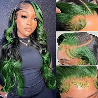 Haha Black And Green Highlight Wig Human Hair 13X4 Body Wave Frontal Wig Ombre Green Lace Front Wig Human Hair Skunk Stripe Wig