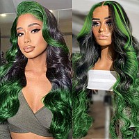 Haha Black And Green Highlight Wig Human Hair 13X4 Body Wave Frontal Wig Ombre Green Lace Front Wig Human Hair Skunk Stripe Wig