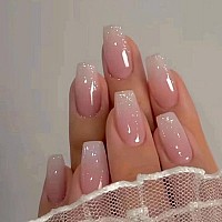 Kqueenest Glitter Gradient Pink French Press On Nails Medium Coffin French Fake Nails With Design Cute Gel False Nails Luxury